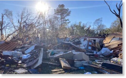 Debris is piled up following severe weather