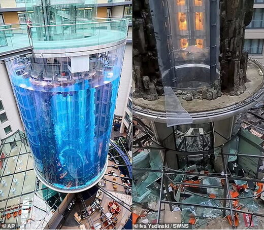 AquaDom aquarium explodes in Berlin hotel, unleasing 'tsunami' of water and filling lobby with tropical fish AquaDom aquarium explodes in Berlin hotel, unleasing 'tsunami' of water and filling lobby with tropical fish