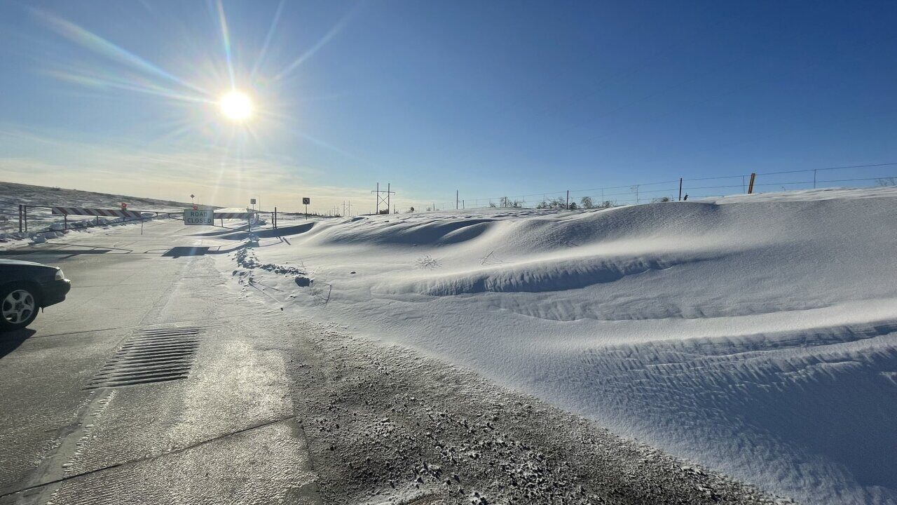 Snow drifts near the Interstate 76 Iliff exit on December 16, 2022