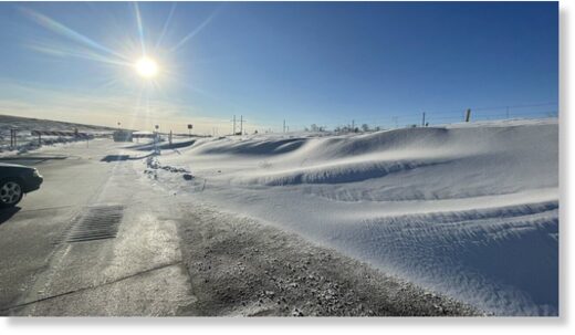 Snow drifts near the Interstate 76 Iliff exit on December 16, 2022