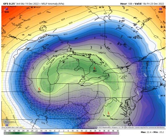 Click to enlarge The American GFS model simulates a strong storm system over the Midwest and Great Lakes.