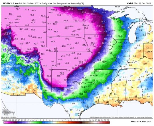 Click to enlarge High temperatures are predicted by the National Weather Service to be 40 to 50 degrees below normal between Montana and the Texas Panhandle on Thursday.