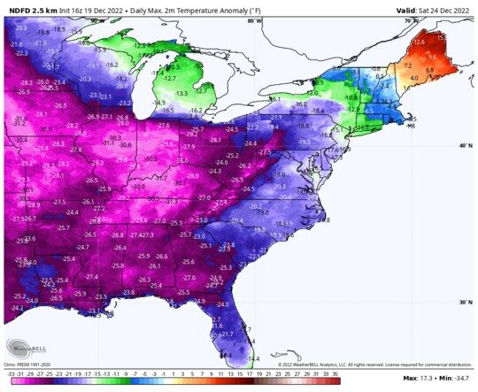 Click to enlarge High temperature difference from normal Saturday predicted by the National Weather Service.