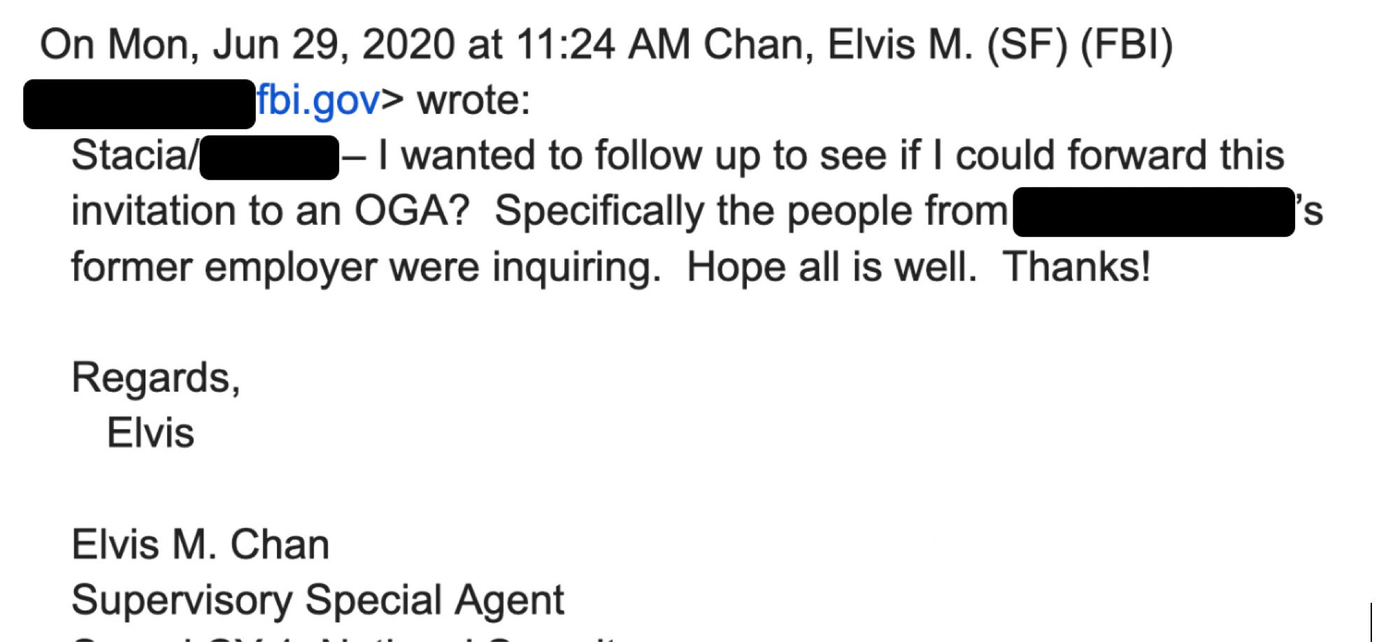 FBI agent Elvis Chan wrote to pair of Twitter execs asking if he could invite an “OGA”