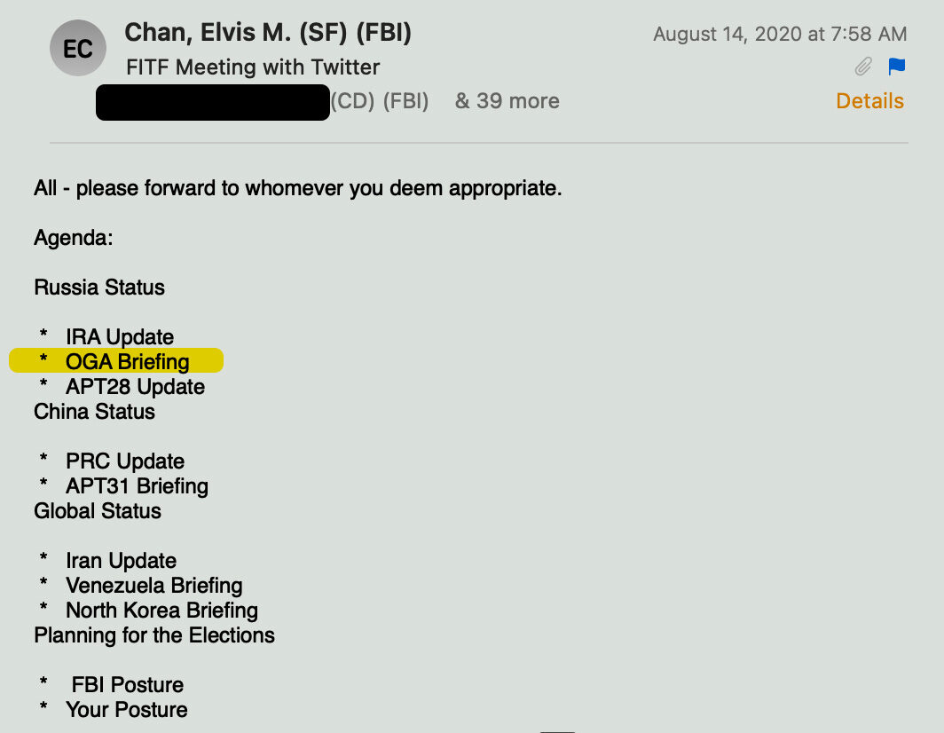 Foreign Influence Task Force (FITF) meeting email