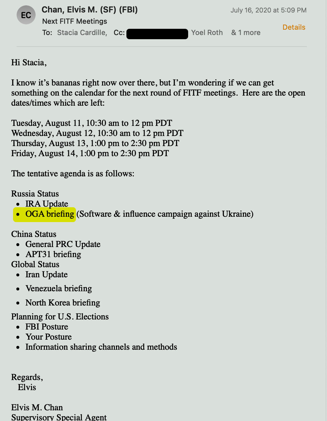 Foreign Influence Task Force (FITF) emails