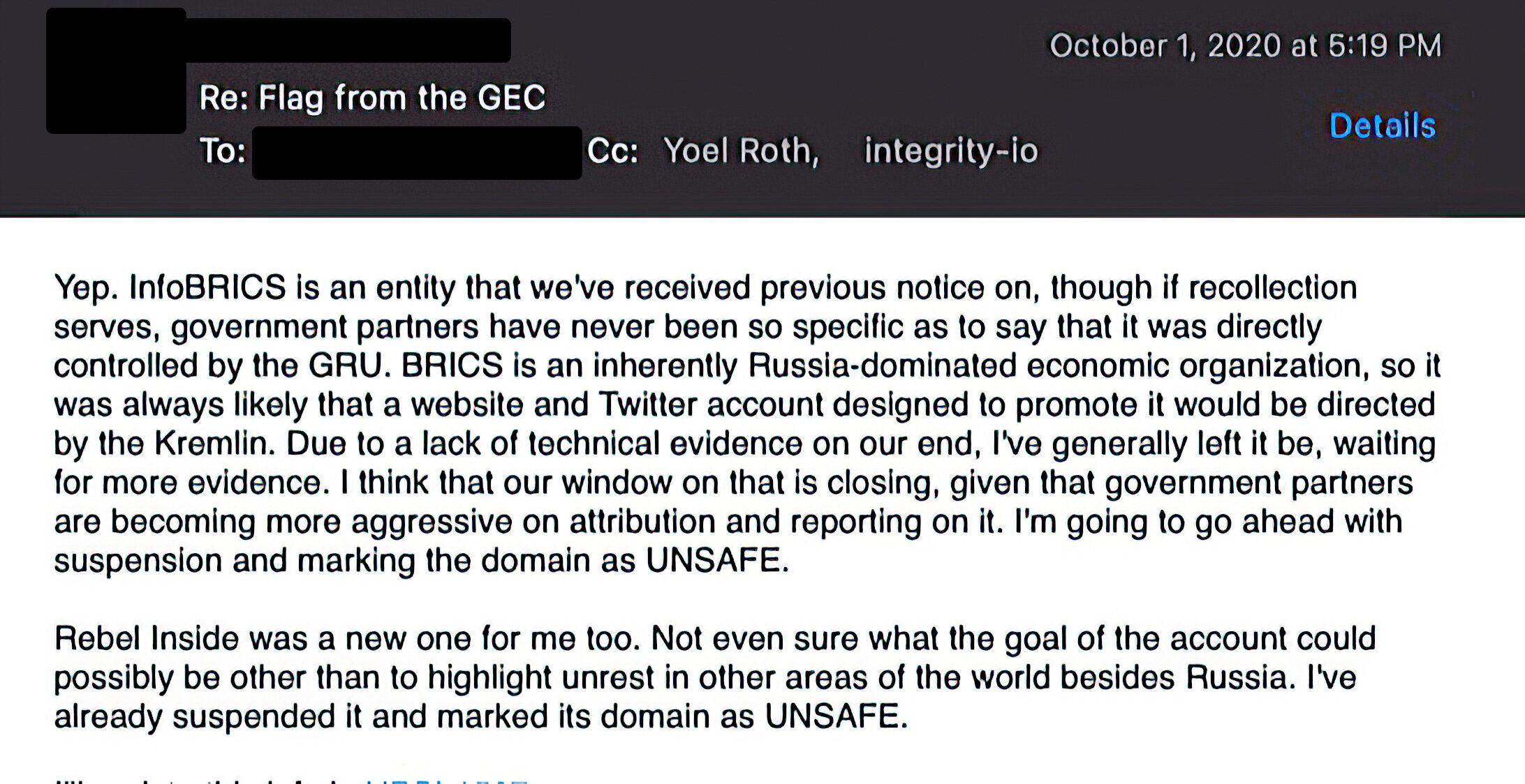In a key email, news that the State Department is making a wobbly public assertion of Russian influence leads an exec