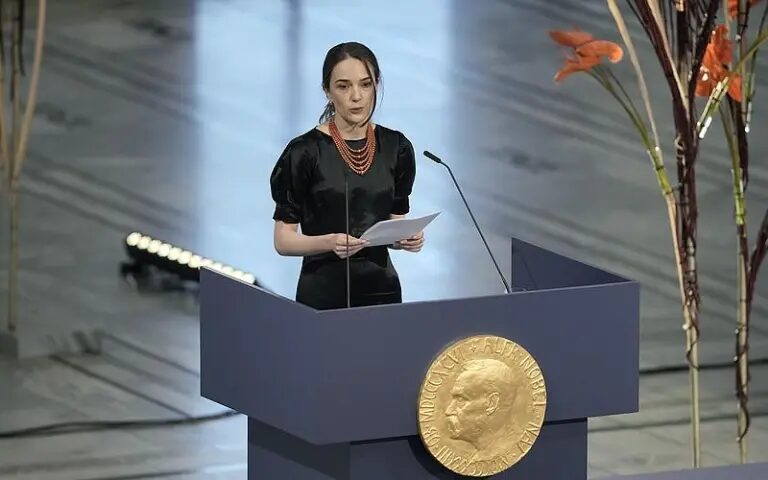 Click to enlarge Oleksandra Matviichuk delivering Nobel Peace Prize
