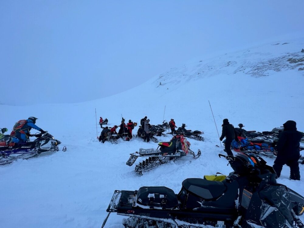 Click to enlarge One snowmobiler died and another was missing Saturday after becoming buried in an avalanche in unincorporated Grand County, Colorado, officials said.