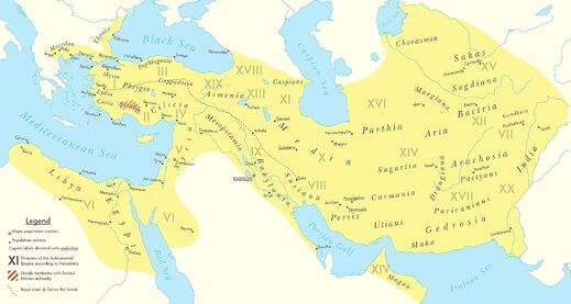 The Achaemenid Empire at its greatest territorial extent, under the rule of Darius I (522 BC–486 BC)