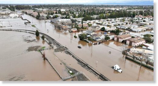Click to enlarge This aerial view shows a flooded neighborhood in Merced, California on January 10, 2023.