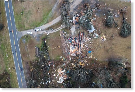 Devastation in the aftermath of severe weather in Greensboro, Alabama.