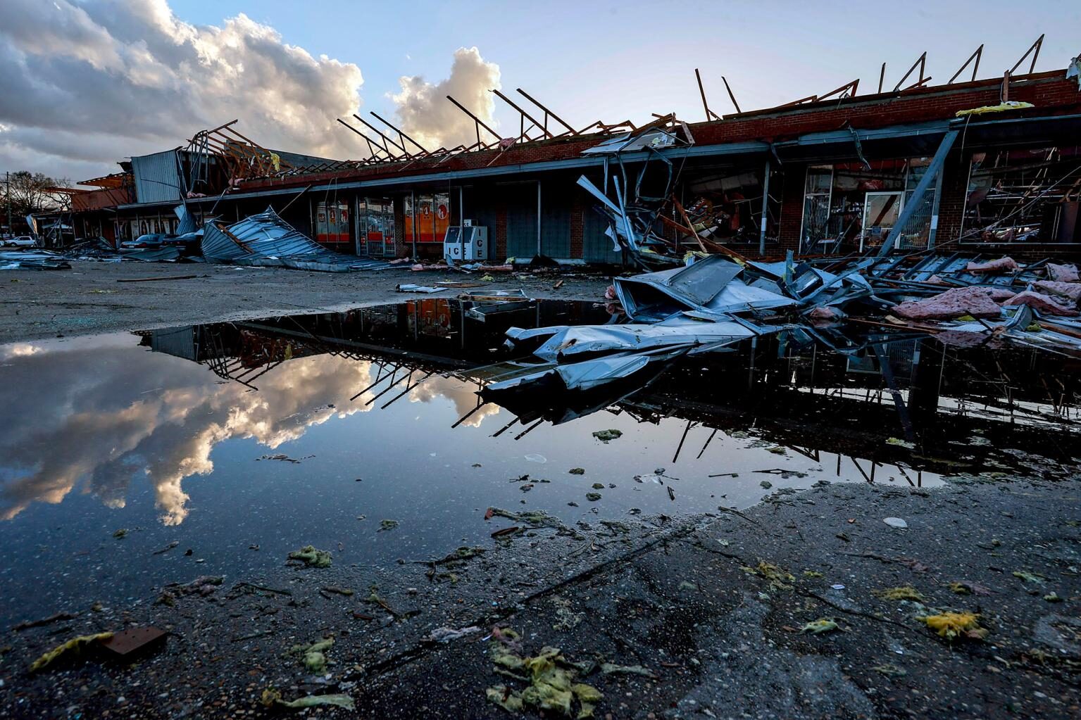 The roof of a local business is strewn about after a tornado passed through Selma, Alabama.