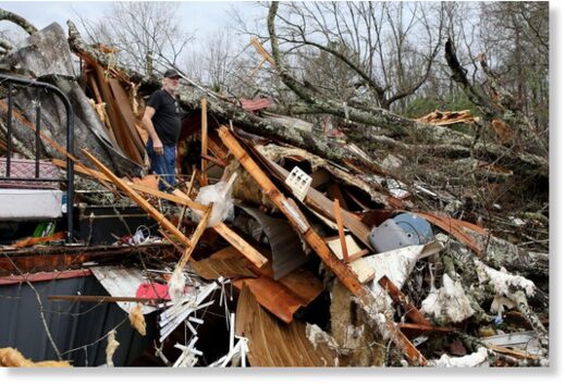 A tornado heavily damaged and destroyed homes on Oak Village Road near Akron, Alabama.