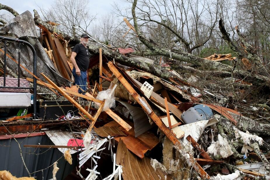 A tornado heavily damaged and destroyed homes on Oak Village Road near Akron, Alabama.