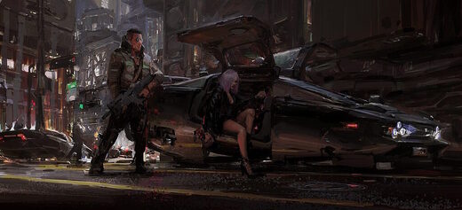 futuristic painting man woman car date noir