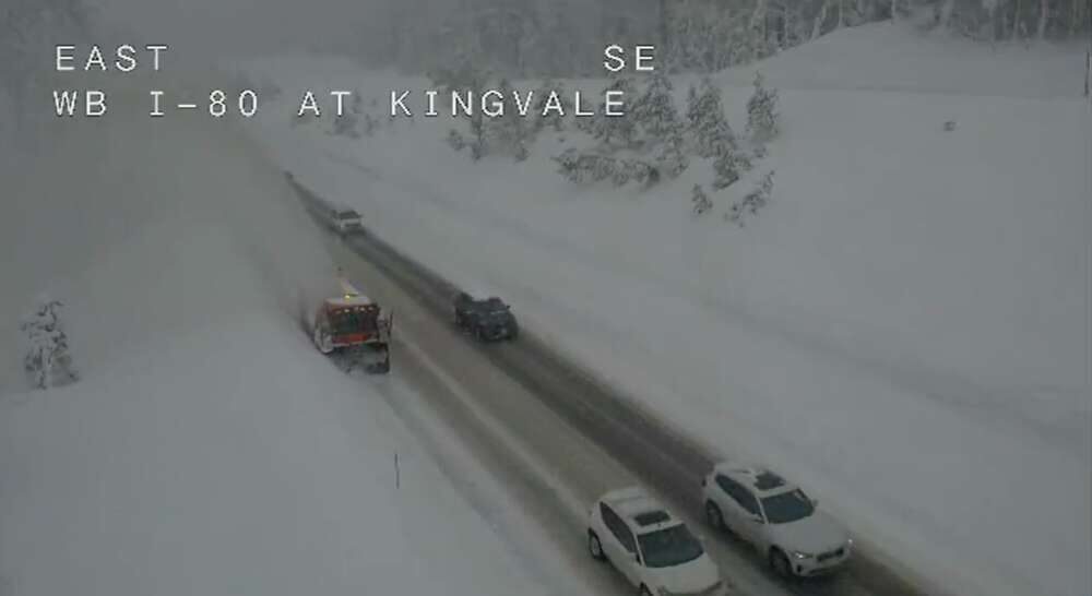 A snow blower attempts to clear the roadway on Interstate 80 near Kingvale on Jan. 15, 2022.