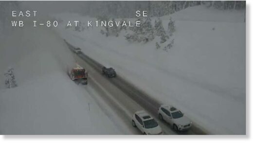 Click to enlarge A snow blower attempts to clear the roadway on Interstate 80 near Kingvale on Jan. 15, 2022.