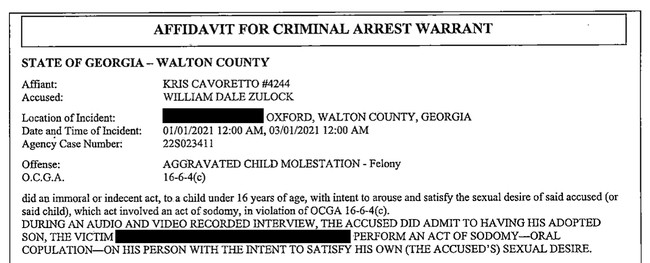Click to enlarge Affidavit in support of William Zulock's arrest