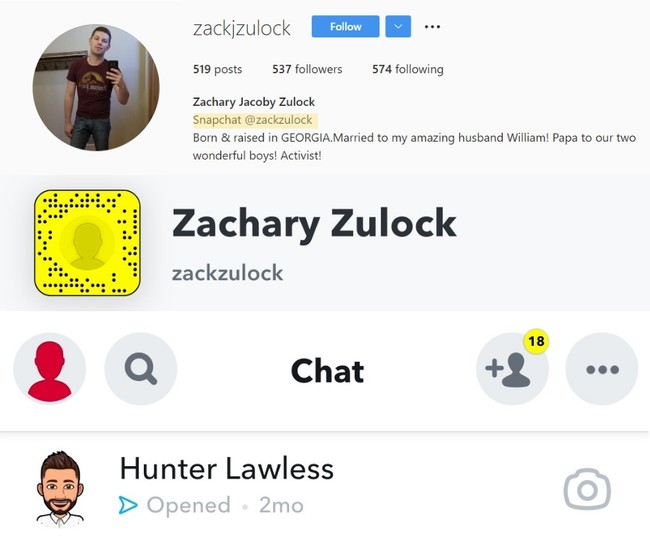 Click to enlarge Zachary Zulock's Instagram page and a preview of his Snapchat chat with Lawless