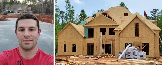Click to enlarge Zachary Zulock with the house under construction