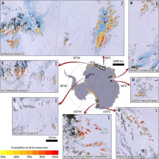 map of potential meteorite finds antarctica