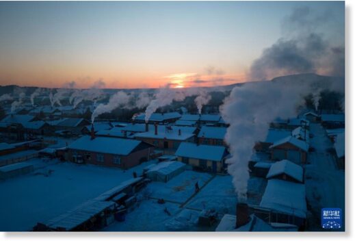 Click to enlarge This aerial photo taken on Jan 8, 2023 shows an early morning view of Beiji village in Mohe, Northeast China's Heilongjiang province.