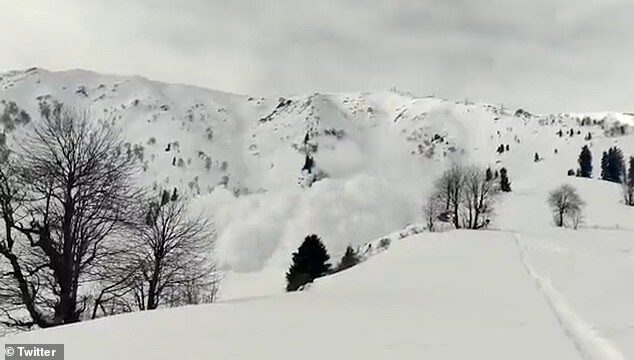 Horrifying footage shows a wall of snow roaring down a mountainside and towards the group of skiers, sending them running for safety