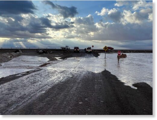 Flooded roads in Calama, Chile, February 2023