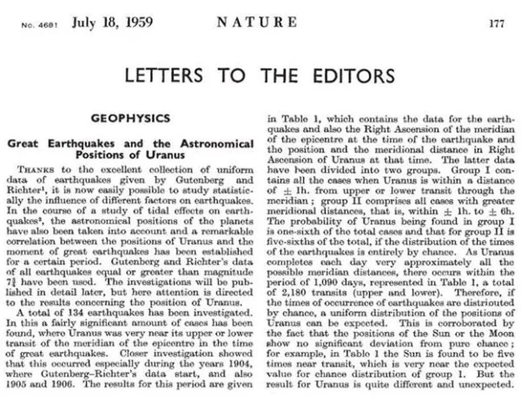 letter to Nature  magazine 1959 earthquake prediction uranus cycle