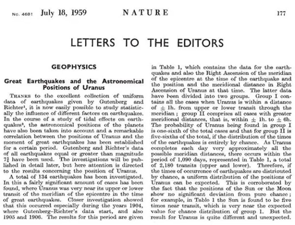 Click to enlarge letter to Nature magazine 1959 earthquake prediction uranus cycle