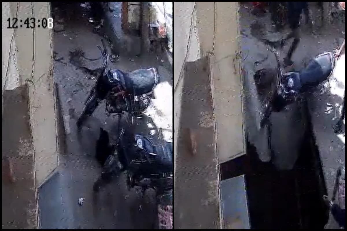 A dog and two bikes fell inside a hole after portion of road collapsed in RK Puram, Delhi.
