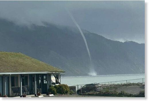 A waterspout seen in Shelter Cove, California. Feb. 27, 2023.