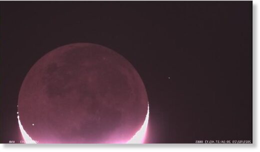 Click to enlarge Japanese astronomer Daichi Fujii captured this shot of a meteorite impacting the moon (bright flash at bottom left) on Feb. 23, 2023.