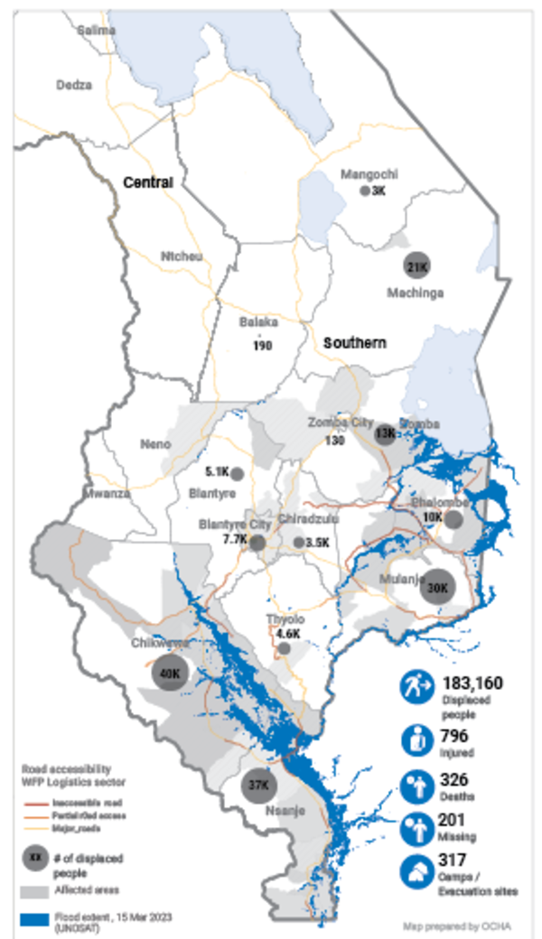 Map of flooded areas in Malawi after Tropical