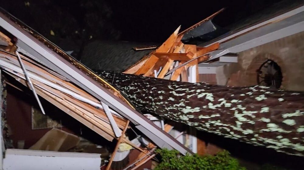 A tree is downed in a still from a WTVA video shot in Amory, Mississippi, as thunderstorms and a tornado swept through the state on Friday, March 24, 2023.