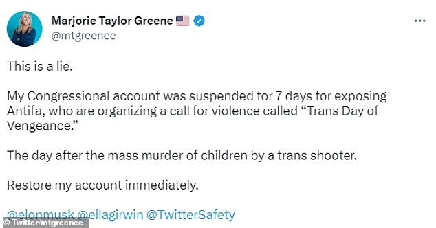 Click to enlarge marjorie taylor greene twitter suspended antifa