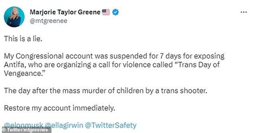 marjorie taylor greene twitter suspended antifa