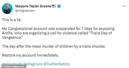 Click to enlarge marjorie taylor greene twitter suspended antifa