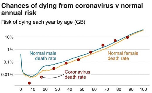 covid versus nomral death rate risk by age