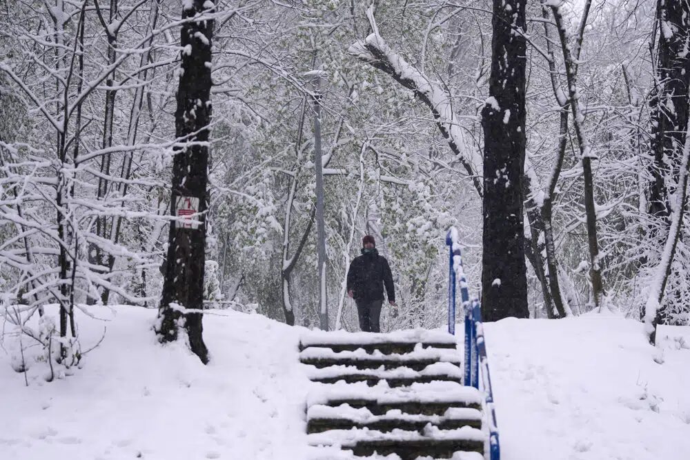 Click to enlarge A man walks through a snow covered park