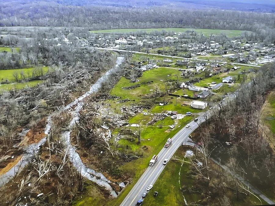 This photo provided by the Missouri State Highway Patrol and taken with a drone shows the damage from a tornado that hit southeast Missouri early Wednesday.
