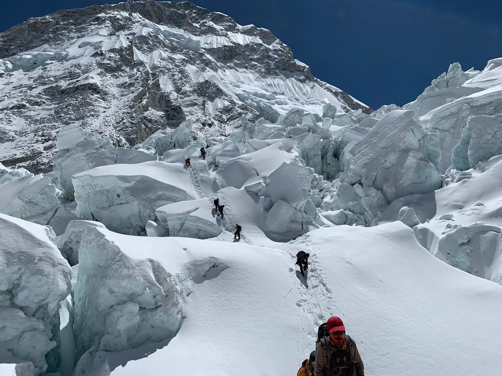 Climbers ascend the Khumbu Icefall on Mount Everest.