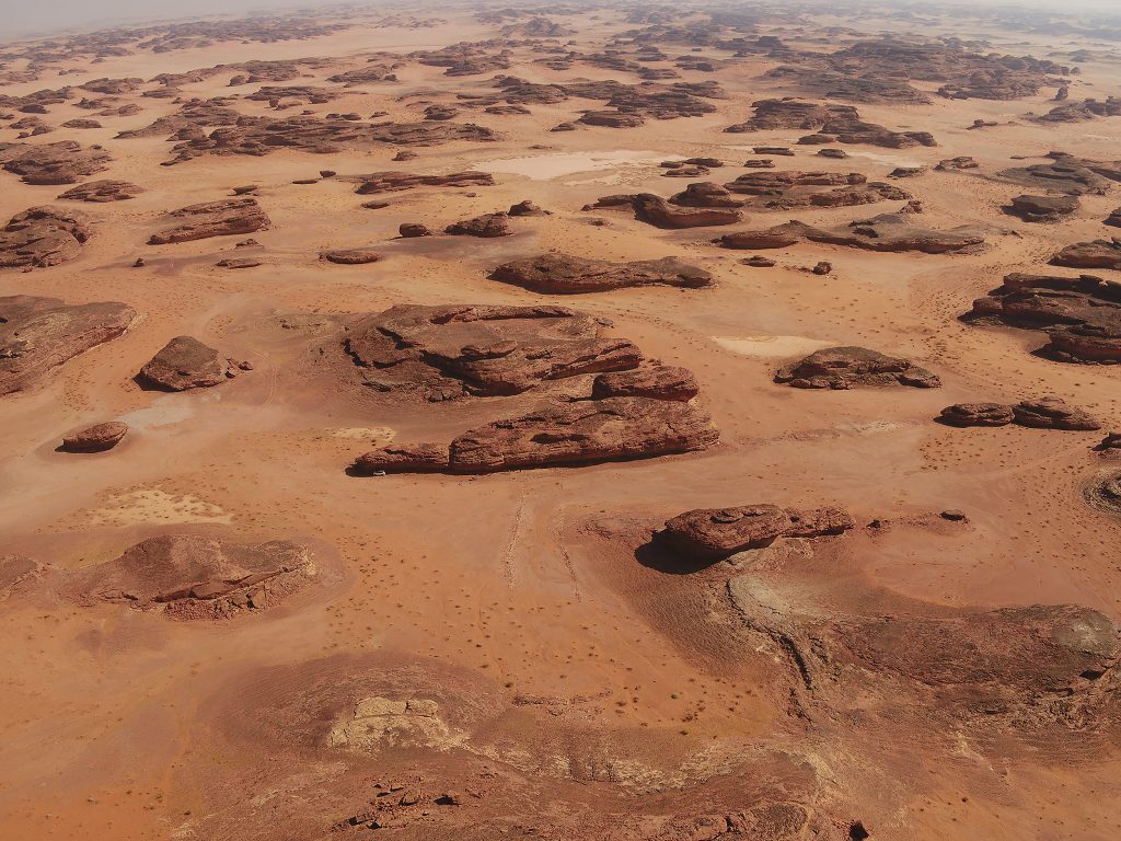 The excavated mustatil with its head oriented to the east.