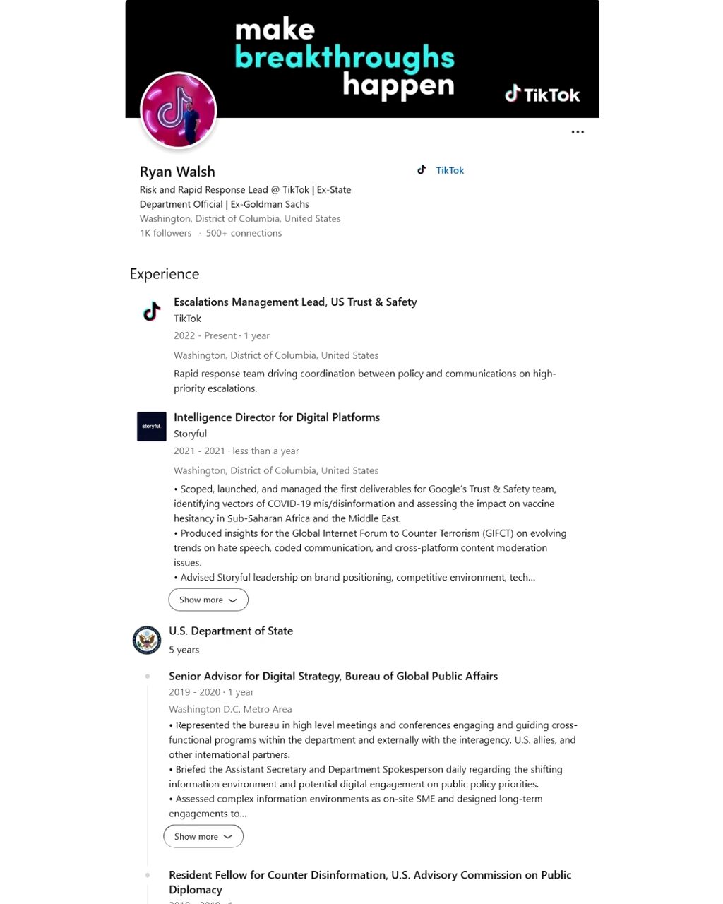 ryan walsh linked in profile tik tok cia