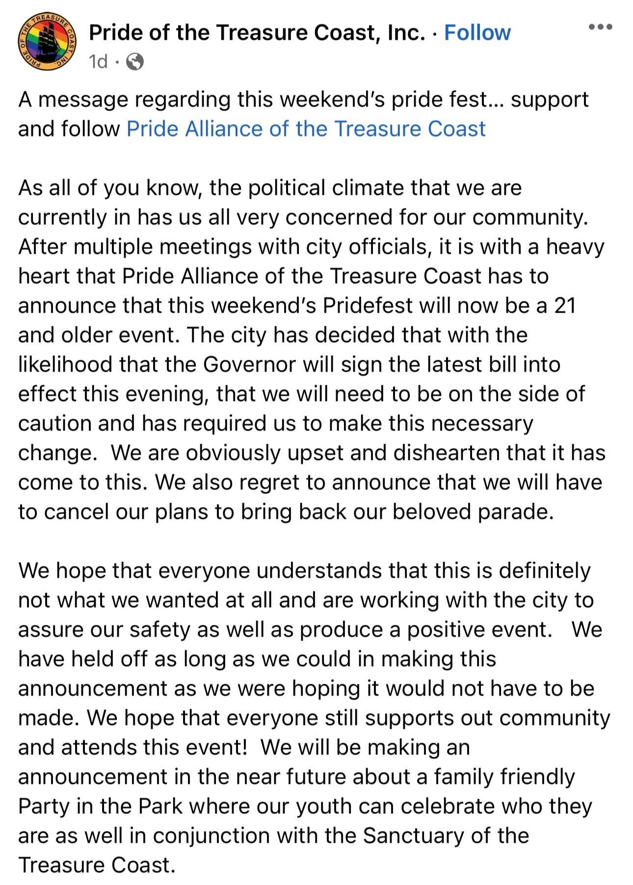 pride parade florida cancelled no kids