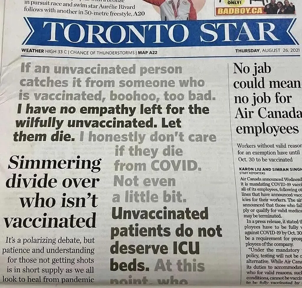 toronto star headline unvaccinated covid