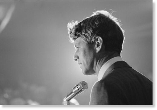 Click to enlarge Sen. Robert F. Kennedy speaks at a rally during his 1968 presidential campaign