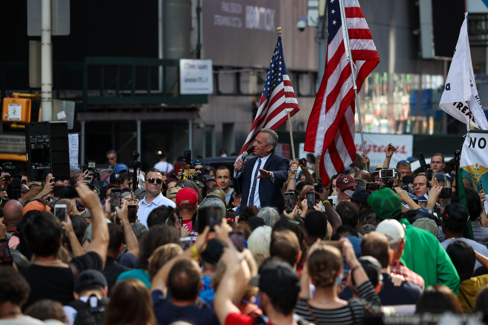 Robert F. Kennedy Jr. speaks at the Times Square protest against the COVID-19 vaccine mandate in New York City on October 16, 2021.