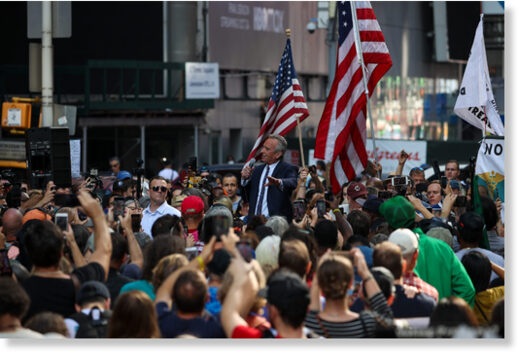 Click to enlarge Robert F. Kennedy Jr. speaks at the Times Square protest against the COVID-19 vaccine mandate in New York City on October 16, 2021.
